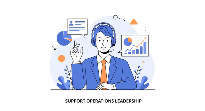 Customer Support Manager with Headset, Analytics Charts, and Business Icons
