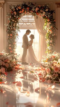Romantic Wedding Couple in Floral Arch.