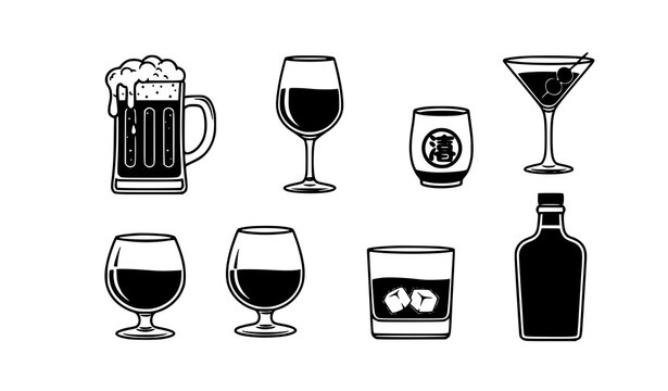 Liquor and alcoholic drinks black and white vector icon set: beer, wine, cocktails, sake, brandy, and whiskey