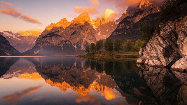 Serene mountain lake reflection at sunrise with colorful sky cloud glow rocky shore rock tree water landscape tranquil alpine island forest