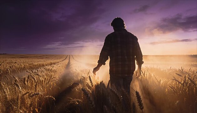 Farmer wheat field sunset silhouette in flannel rural landscape agriculture golden light dusty trail calm contemplative mood dramatic purple sky and moody clouds walking through golden wheat field