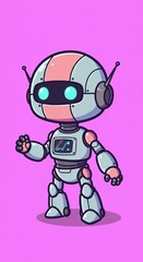 Fototapeta premium A cartoon robot with glowing eyes stands on a pink background waving