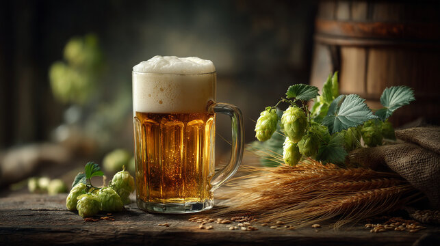 Full mug of cold golden beer with fresh hops and barley grains on a rustic wooden table
