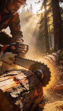 Rugged lumberjack logger forest worker with chainsaw cutting timber and rough lumber, wood and sawdust flying in warm golden sunbeam sunlight spark, danger and protection workwear