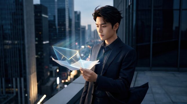 A smart Asian businessman reading a document features a glowing email envelope hologram on a rooftop during city twilight