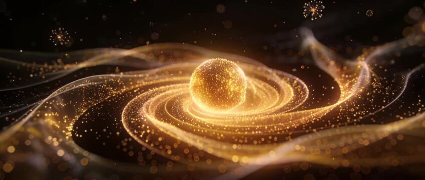 Golden orb abstract energy swirl glitter magic fantasy luminous particle motion glowing sphere wave cosmic light particle stream luminous dust magical glow fantasy background golden sparkle swirling
