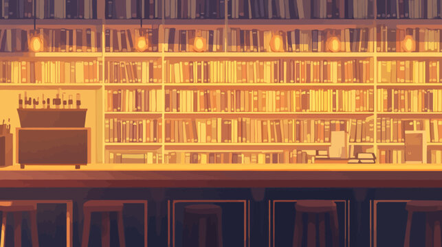 Cozy library interior with warm lighting, rows of books, and bar stools