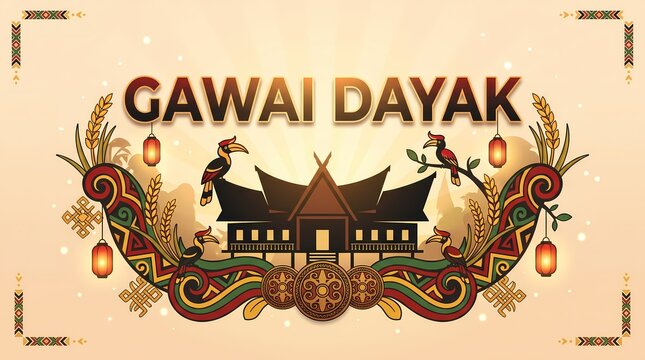 Gawai dayak celebration background with traditional longhouse and hornbill bird illustration