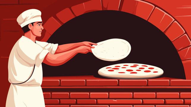 Pizza baking in traditional brick oven with chef adding toppings