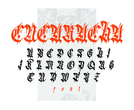 Dark gothic blackletter font. Its sharp, twisted shapes evoke a medieval and mystical atmosphere, making it ideal for occult branding, metal music covers, and tattoo designs.