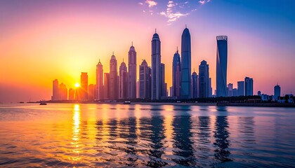Obraz premium A serene city skyline at sunset over water (2)