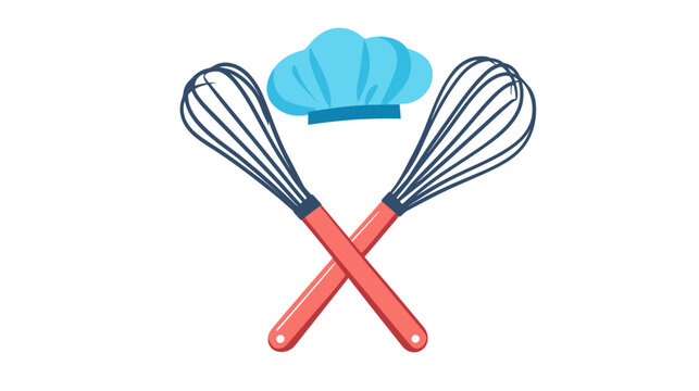 Illustration of kitchen utensils with two whisks crossed and a chef hat above