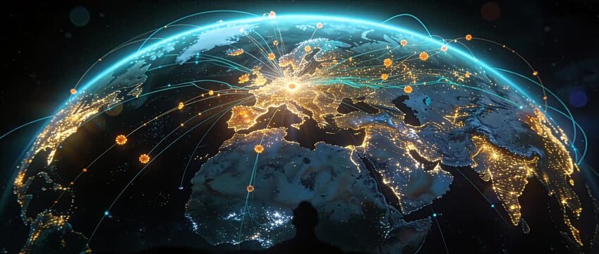 Holographic globe global network digital earth world map data connection futuristic technology cyber space night light planet international world map data global network digital earth holographic