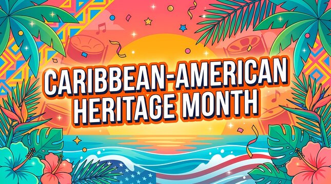 Caribbeanamerican heritage month celebration banner with tropical flowers, palm leaves, sunset, and ocean waves