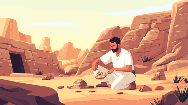 Man kneels in desert, excavates artifact near ancient ruins