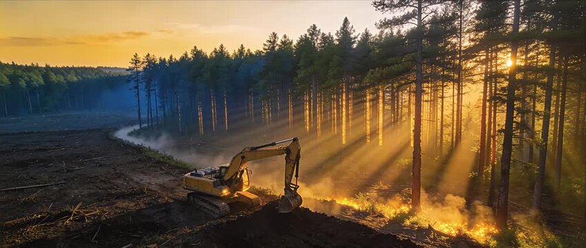 Excavator forest sunrise and sunset sunlight smoke fire deforestation construction machine landscape with dust danger heavy machinery clearing woodland and digging soil