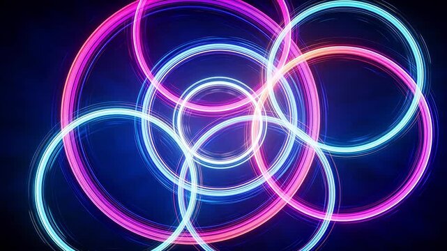 Colorful glowing ring lights intertwining in pink blue and orange over a dark background