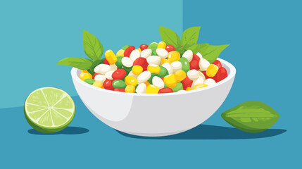 Naklejka premium Bright colorful vegetable and fruit salad in white bowl with leaves