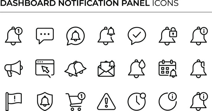 Dashboard Notification Panel Line Icon Set With Alert Message Reminder Bell And Warning Symbols