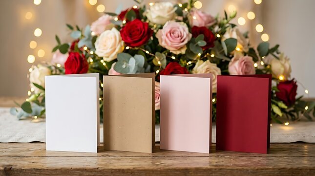 Set of blank greeting cards with rose bouquet and warm bokeh lights