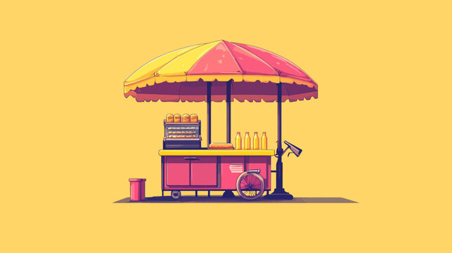 Vibrant pixel art of a pink and yellow beach snack cart with umbrella