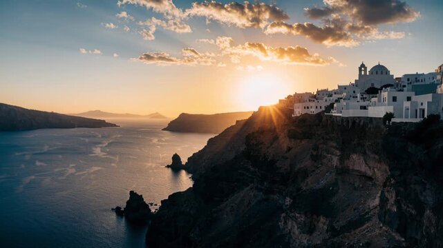 Tranquil sunset coastal village on cliff above calm sea with white house and church, sunbeam through cloud over scenic ocean seascape