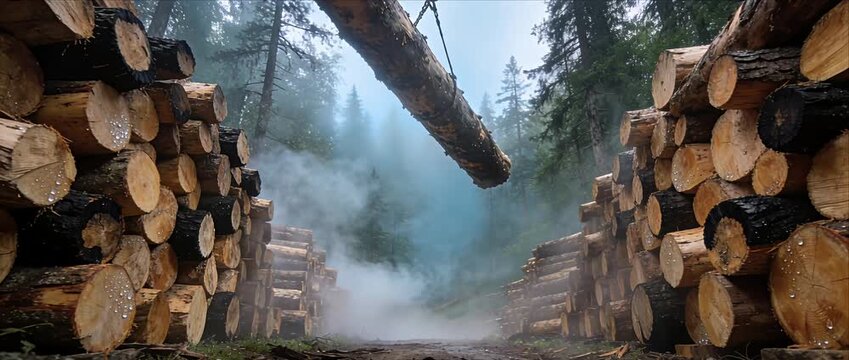 Foggy forest logging timber log pile cut tree trunk misty woodland clearing with heavy machinery lumber industry wood stack deforestation rural road sawmill supply timber log forest fog crane wood