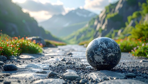 Marble on rocky mountain stream path.