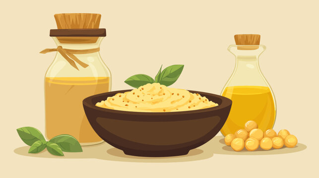 Illustration of a bowl of hummus with olive oil, lemon, and herbs
