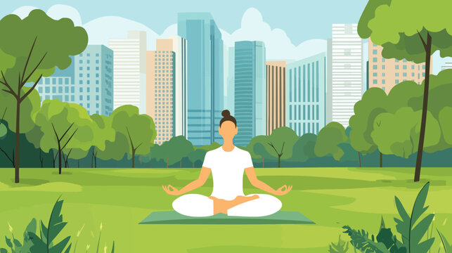 Woman meditating outdoors in city park with skyscrapers