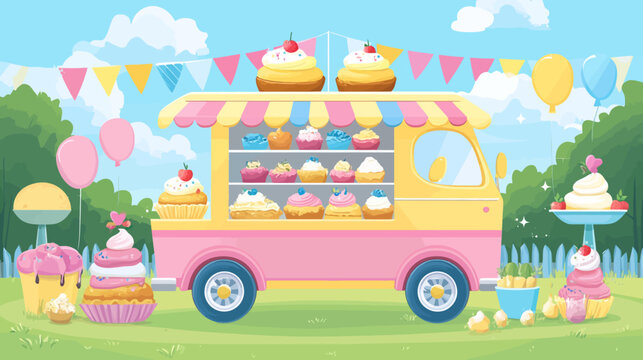 Colorful ice cream truck with various desserts and balloons