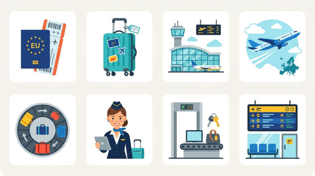 Collection of flat design icons representing airport services, travel documents, luggage, aircraft, and airport personnel against a clean white background