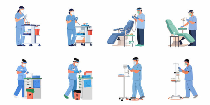 Medical Staff in Scrubs Performing Clinical Laboratory Tasks and Blood Collection Procedures Set, Vector Illustration