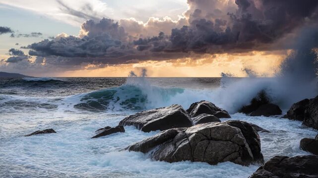 Stormy sea ocean wave rocky coast dramatic sky sunset light crashing surf seascape dark cloud rough water coastal rock turbulent water coastal