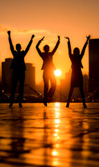 Fototapeta premium Happy team jumping together against dramatic glowing sunset sky captures achievement friendship and energetic corporate celebration in outdoor landscape.