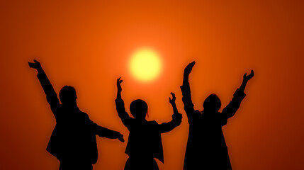 Fototapeta premium Happy team jumping together against dramatic glowing sunset sky captures achievement friendship and energetic corporate celebration in outdoor landscape.