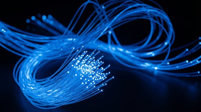 Abstract glowing blue fiber optic cables in darkness. Digital data transfer and internet technology background.