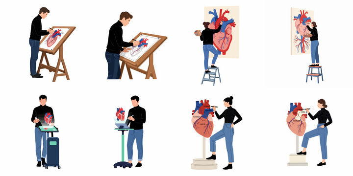 Set of illustrations depicting male and female artists and medical illustrators creating anatomical diagrams and digital 3D models of the human heart.