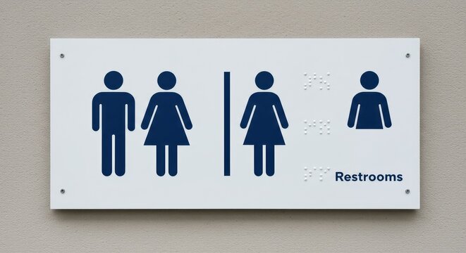 A sign indicates restrooms with male and female icons on a beige wall.