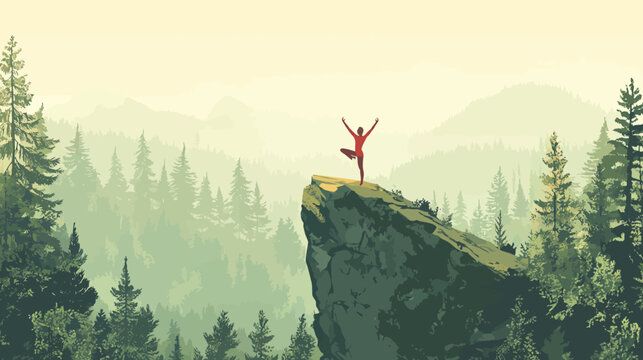 Person practicing yoga on a rocky cliff amidst a dense forest