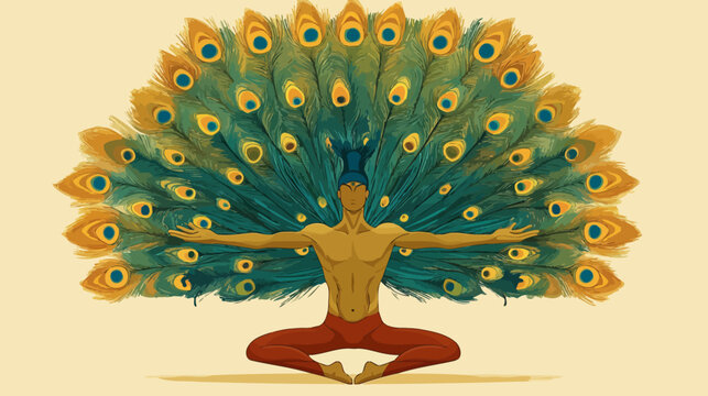 Male figure meditating with peacock feathers as a backdrop