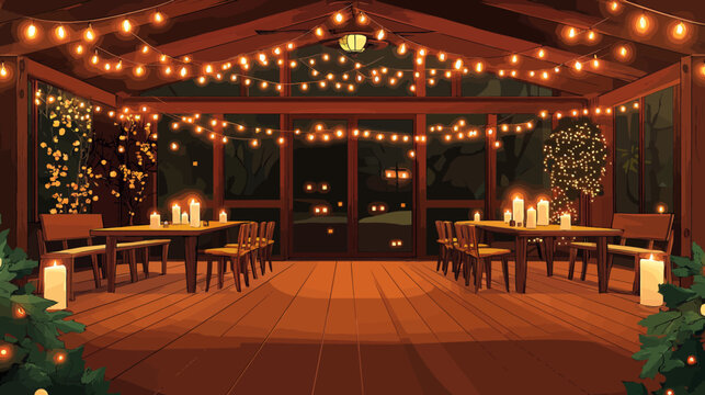 Cozy wooden indoor celebration space with warm string lights and candles