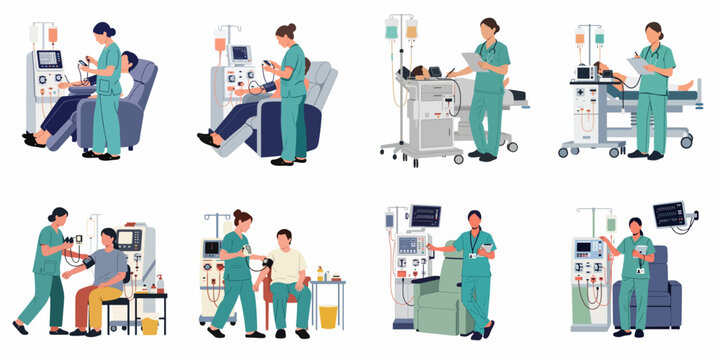 Collection of flat illustrations depicting nurses performing dialysis treatment and monitoring patients with medical equipment in a hospital or clinic setting.