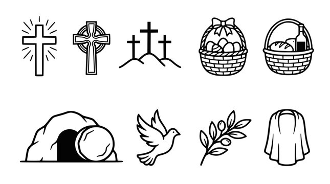 Easter Symbols Icons Set: Cross, Tomb, Dove, Basket, Olive Branch, Shroud