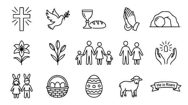 Christianity and Easter Icons: Cross, Dove, Lily, Family, Egg, Lamb, Resurrection
