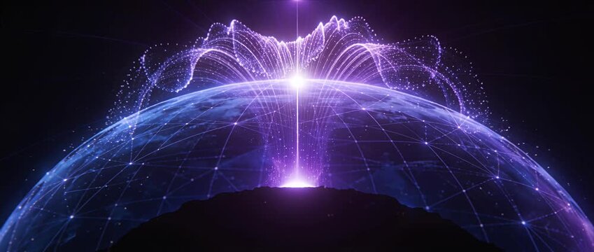 Futuristic hologram globe energy translucent light arc digital network planet cosmic glow horizon with radiant spark surge and abstract wave purple glow data connection global communication space