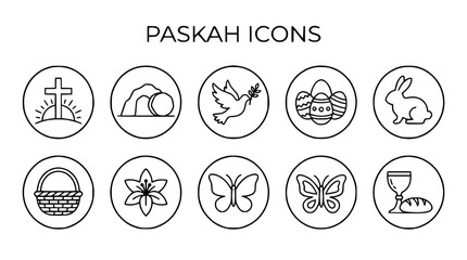 Fototapeta premium Paskah Icons Set: Cross, Empty Tomb, Dove, Eggs, Rabbit, Basket, Flower, Butterflies, Chalice