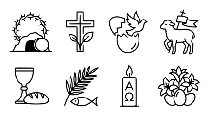 Easter Christian Symbols Icons Set: Resurrection, Cross, Dove, Lamb, Chalice, Palm, Candle, Eggs © Teh