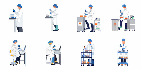 Fototapeta premium Flat illustration set of male and female scientists working with laboratory equipment, conducting research and experiments in a modern medical laboratory environment.