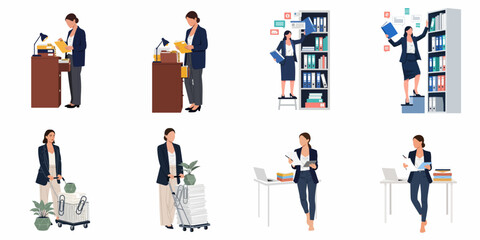 Fototapeta premium Businesswoman organizing files, managing archives, and handling paperwork in an office environment, flat vector character illustrations.
